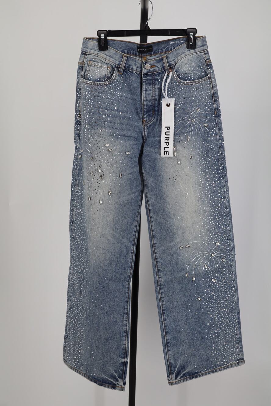 NEW Purple Brand Rhinestone Jeans Women's Blue Wide Leg High Rise Size 34